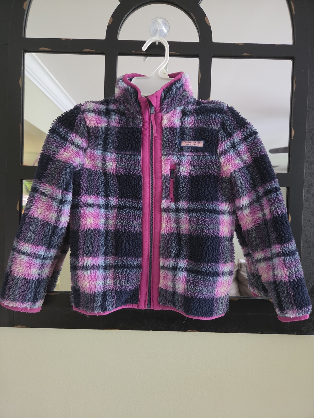 Vineyard Vines Navy and Pink Plaid Fuzzy Zip Jacket